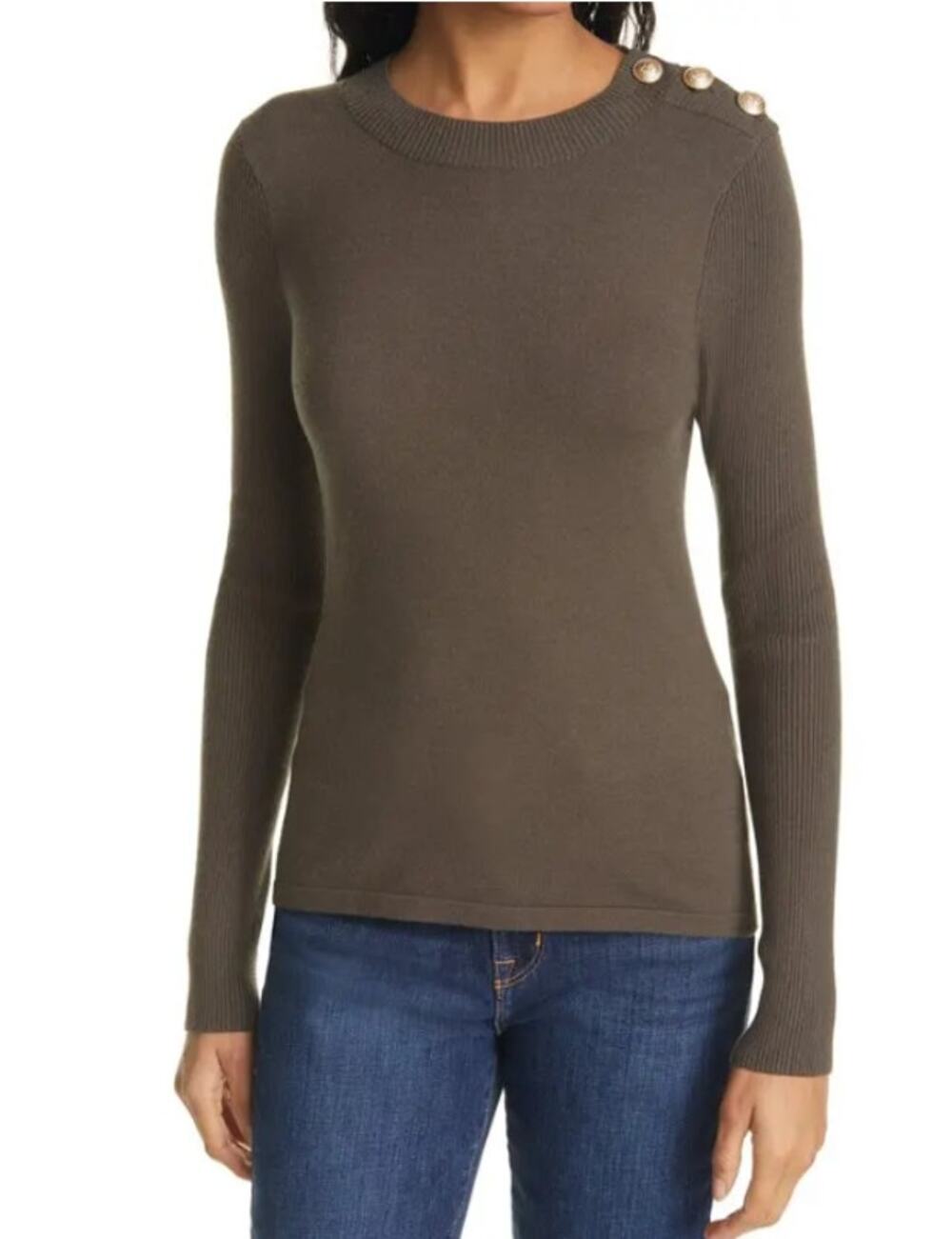 L'Agence Erica Pullover Sweater Juniper Knit Gold Button Shoulder Size XL